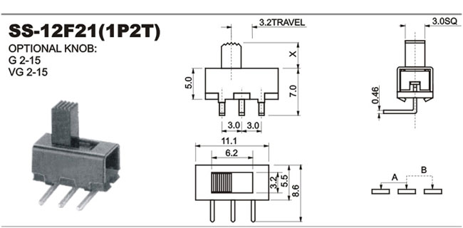 SS-12F21 PCB Mounted Miniature Horizontal Slide Switch 