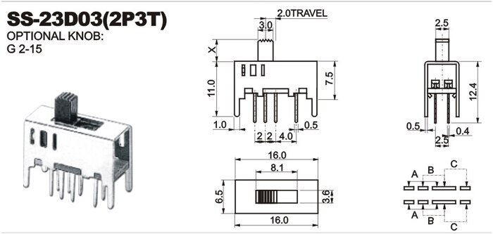 SS-23D03 DP3T PCB Mounted Miniature Vertical Slide Switch