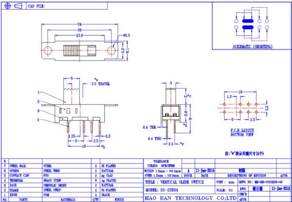 SS-23E04 PCB Mounted Miniature Vertical Slide Switch