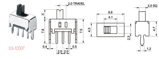 SS-12D07 PCB Mounted Miniature Vertical Slide Switch 