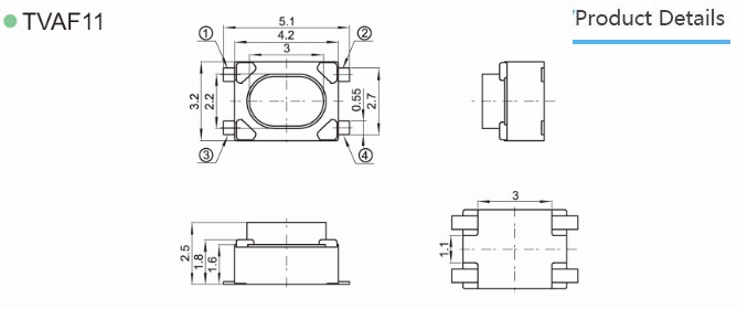 TVAF11 3x4 series Miniature Low Profile Tact Switch SMD