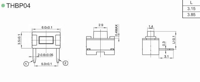 THBP04 3x4 series Miniature Low Profile Tact Switch Through Hole