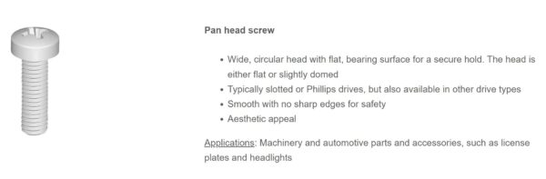 Machine screw type and characteristics