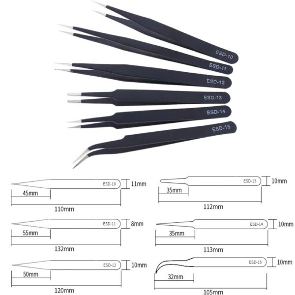 6 in 1 Anti-Static Stainless Steel Tweezers