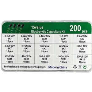 200pcs 15 Values 0.1uF to 220uF 10V/16V/25V/50V Aluminium Radial Electrolytic Capacitor Kit