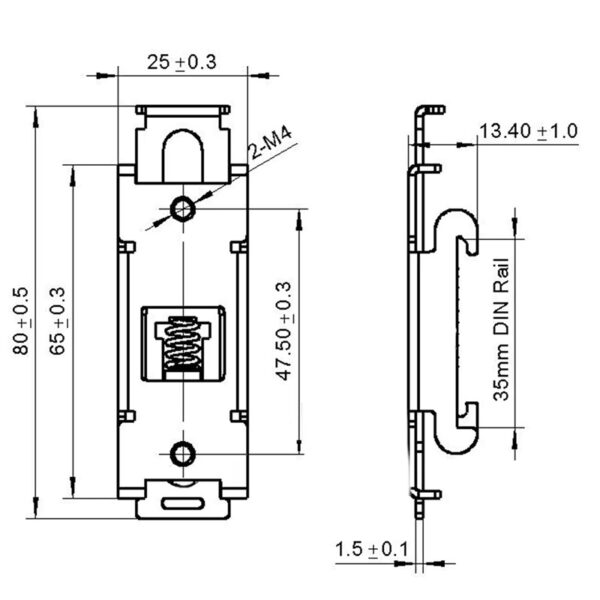 65 x 25 Steel DIN Rail Mounting Clips drawing