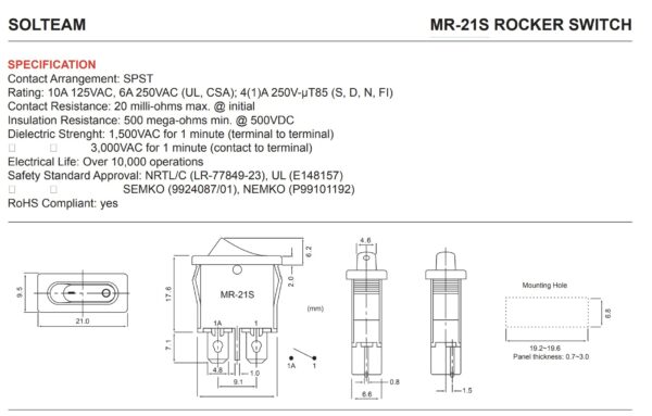 MR-21S SPST Ultra Mini Rocker Switch