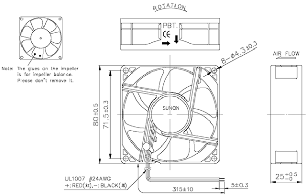 Sunon 80mm 24VDC Sleeve Bearing Cooling Fan